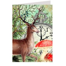 Deer and Red Mushrooms with Clock Christmas Card ~ England